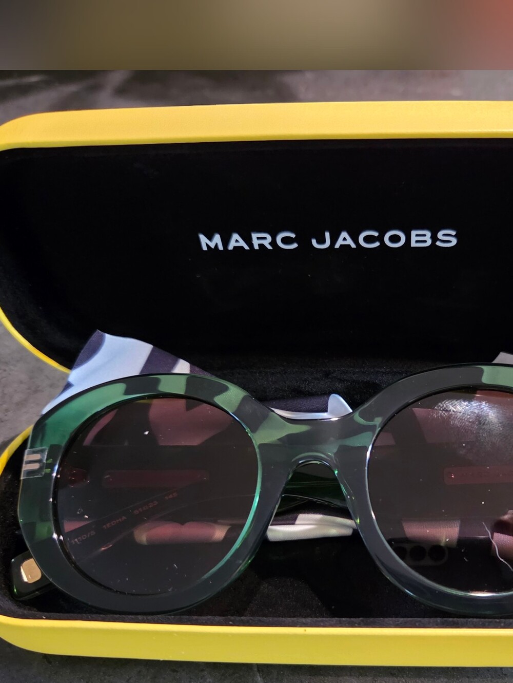 Marc Jacobs Dark Green Round Acetate Sunglasses with Gold Accents